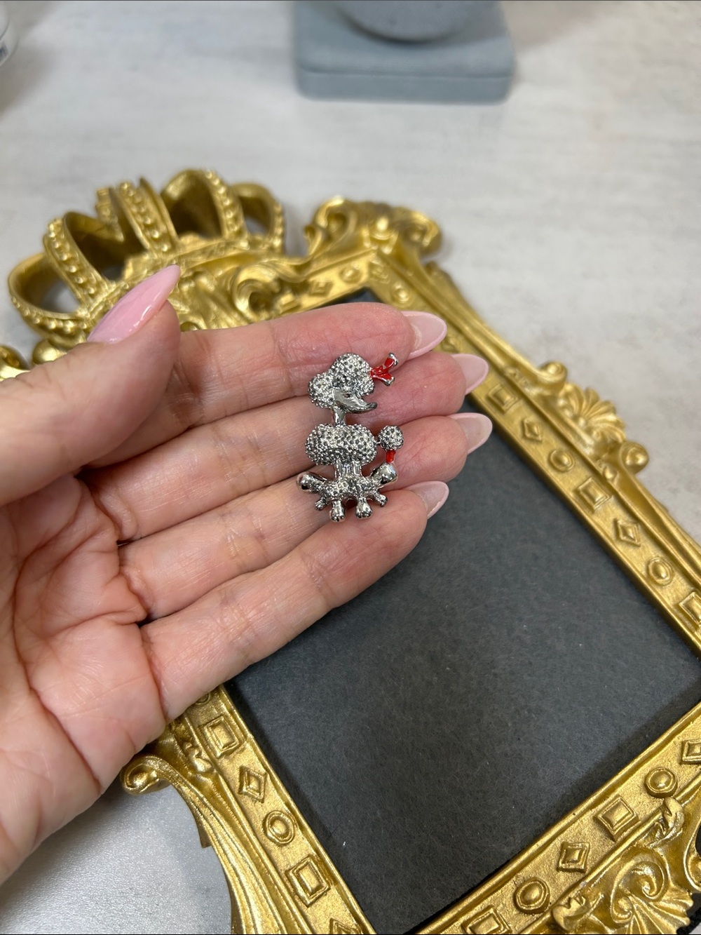Silver Poodle Brooch with Red Accents